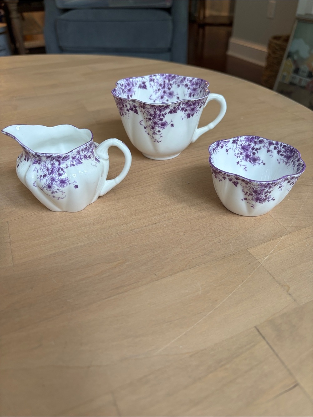 Antique Shelley Dainty Mauve Floral Demitasse Teacup Sugar Bowl Creamer